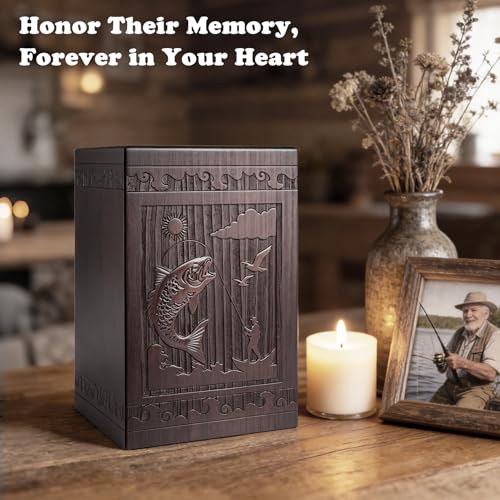 Abooxiu Cremation Urns for Human Ashes Adult Male Female, Wooden Medium Keepsake Urns Box Casket for Ashes, Burial Funeral Memorial Fishing Urn Decorative Urns for Men Women - Up to 200 lbs