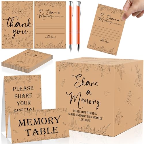 gisgfim 56 Pcs Share a Memory Cards Funeral Memory Cards Box Memory Table Signs Funeral Decorations Memorial Cards with Signature Pen for Funeral Favor Celebration of Life, Memorial Service, Birthday - style: Kraft Color