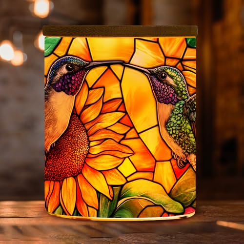 Stained Glass Hummingbirds Tea Light Candle Holder with Bamboo Lid, Sunflower Decorations Light Glass Tealight Holder, LED Candle Tealight Jar for Birthday,Wedding,Home Decor - color: Hummingbirds