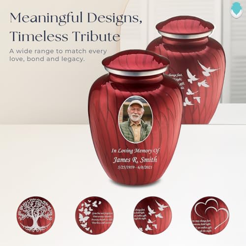 Geturns Embrace Adult Personalized Doves Cremation Urns for Human Ashes I Large Picture Pearl Candy Red Funeral Urn for Adult Men and Women with Double Side Engraving I 200 lbs - color: _Pearl Candy Red (Double Sided)