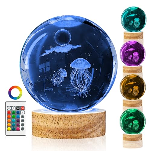 3D Jellyfish Crystal Ball Night Light with 16 Color Led Wooden Base Large 3.15 Inch Glass Ball Lamp with Remote for Birthday Christmas Cool Jellyfish Decor Gifts for Boys Girls - color: Jellyfish
