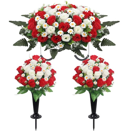 Wocst Headstone Flower Saddle,Large Artificial Cemetery Flowers for Grave 2Pack Artificial Silk Roses Daisy Bouquets with Cemetery Vases for Outdoor Grave Decorations (Red) - color: Red