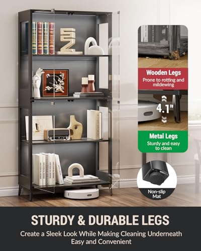 Glass Display Cabinet with Doors, 4-Tier Display Case with Adjustable Shelves, RGB LED Lights with App & Remote Control, Curio Storage Cabinet with Metal Base for Collectibles, Books, Black