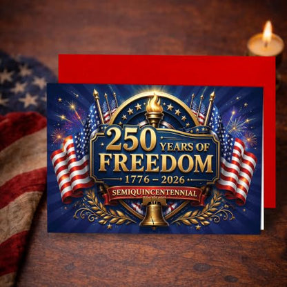 250th Anniversary Card Freedom Torch Flag America Patriotic Gift | 250th Anniversary Freedom Card with American Flags and Liberty Bell for 4th of July Celebration and Patriotic Events - color: ame14