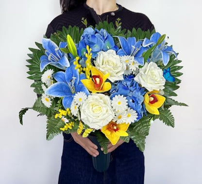 MUVIC Artificial Cemetery Flower Bouquets and Headstone Flower Saddle for Grave,Three-Piece Set:Rose,Rose Lily Hydrangea Cymbidium Daisy, Easy Fit and Colorfast
