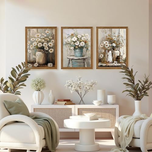 DUWQU Triptych Rustic Farmhouse Daisy Framed Canvas Wall Art 16x24 inch x3 - color: flower(Framed), size: 24"L x 16"W