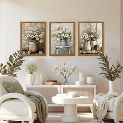 DUWQU Triptych Rustic Farmhouse Daisy Framed Canvas Wall Art 16x24 inch x3 - color: flower(Framed), size: 24"L x 16"W