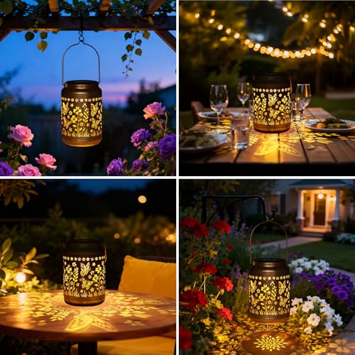 Lyeasw Garden Decor Butterfly Solar Lanterns Waterproof, Christmas Garden Gifts for Women Mom Grandma, Hanging Solar Lights for Outside, Metal Outdoor Decorations for Patio, Yard, Pathway(Bronze) - style: Butterfly
