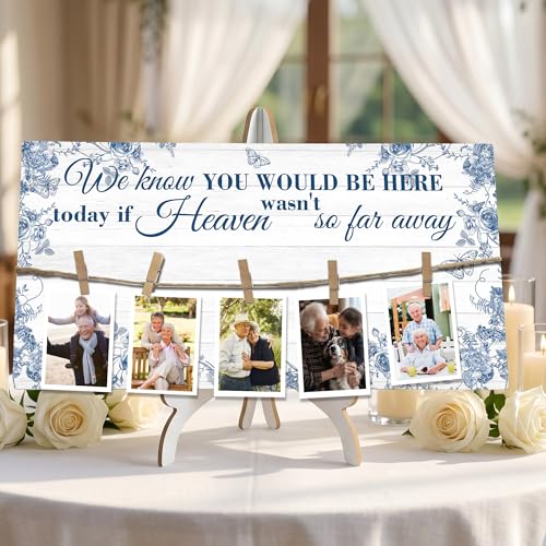 Rustic Wood Memory Table Sign 16 x 8 Inch, In Loving Memory Wedding Sign with Clips, Rustic Wedding Decor for Ceremony and Reception Wooden Memorial Picture Board to Honor Souls-A06 - color: blue-white-1