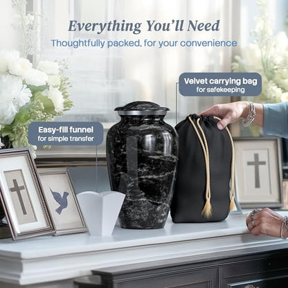 Cremation Urns for Human Ashes Adult Female & Male - Large (10.5H x 6.25W) | Handcrafted Urn for Human Adult Man & Woman - Decorative Funeral Urns - Memorial Urn with Black Marble Finish - size: Large, style: Black Marble Finish