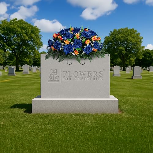 Sympathy Silks - Artificial Flowers for Cemeteries - Blue Open Roses and Orange Rose Buds - (1) Headstone Saddle - color: Blue/Orange
