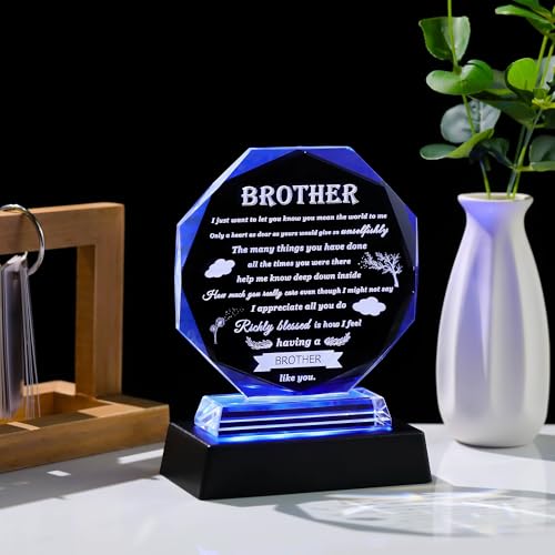 Gifts for Brother with Colorful Base Brother Gifts from Sister Crystal Brother Plaque Keepsakes for Adult, Birthday, Fathers Day, Christmas, Valentine Day - style: 12BJ Brother+ Light Base