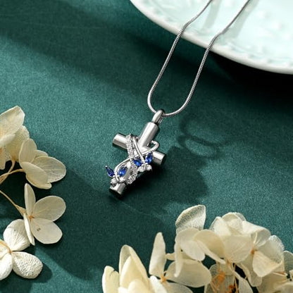 Butterfly Cross Cremation Jewelry Urn Necklaces Stainless Steel Cross Urn Necklaces for Ashes Memorial Keepsake Pendant for Women Gifts With Funnel Kit & Bag - color: SilverBlue