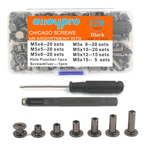120 Sets Chicago Screws with Hole Puncher and Screwdriver 3/16" Leather Rivets 7 Sizes Assorted Screw Rivet M5 Binding Screws for Decorate and Repair Leather Craft Belt Bookbinding Bag Purse - size: Gun Metal-4,5,6,7,8,9,10,12,15,19+Tool