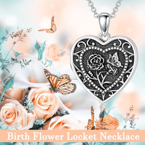 PELOVNY Birth Flower Locket Necklace for Women 925 Sterling Silver Flower Butterfly Heart Photo Locket Pendant Birthday Christmas Jewelry Gifts for Mom Daughter Wife Sister - color: 01-Carnation