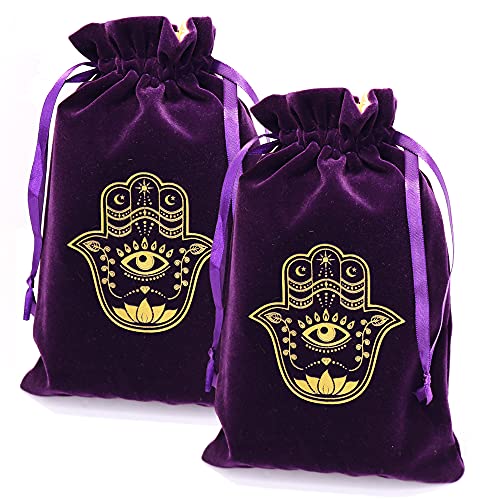 ARTSY CRAFTS 6x9" Hamsa Hand Velvet Jewelry Pouch Gift Bags, Fatima Hand Evil Eye Velvet Drawstring Oracle Tarot Card Rune bags Dice Bag (2pk Eggplant Purple) - color: 2pk Eggplant Purple