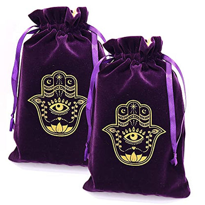 ARTSY CRAFTS 6x9" Hamsa Hand Velvet Jewelry Pouch Gift Bags, Fatima Hand Evil Eye Velvet Drawstring Oracle Tarot Card Rune bags Dice Bag (2pk Eggplant Purple) - color: 2pk Eggplant Purple