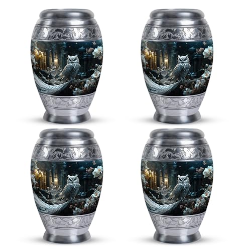 White Owl Sitting White Flower - Small Metal Ashes Urn - Miniature Urns for Ashes - Pack of 4 - Cremation Keepsakes - size: Pack Of 4