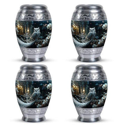 White Owl Sitting White Flower - Small Metal Ashes Urn - Miniature Urns for Ashes - Pack of 4 - Cremation Keepsakes - size: Pack Of 4