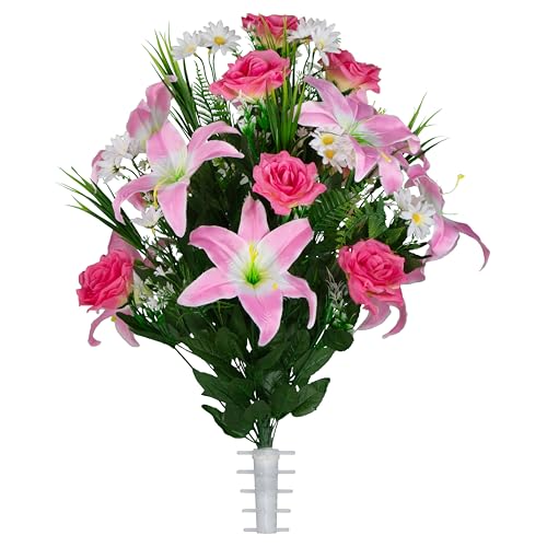 Sympathy Silks Artificial Cemetery Flowers - Gravesite Flowers - Pink Lily and Rose with White Daisies - color: Pink, size: Bouquet