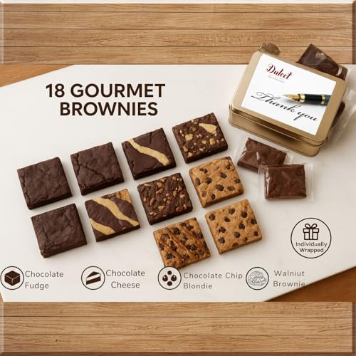 Thank You Gift Baskets - 18 Individually Wrapped Brownies Freshly Baked in a Variety of Flavors - Dulcet's Signature Flavored Fudge Brownies - Gift Box Comes with Thank You Card - style: Thank You