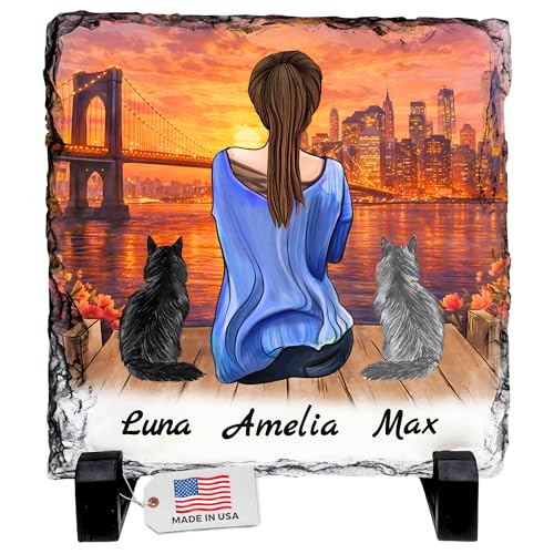 Personalized Photo Rock Slate Frame - Custom Stone Plaque Picture Frame - Cat Gift for Women - Cat Lover Gifts for Women - Birthday, Christmas, Mother’s Day - 2 Cat Mom Gifts for Mom - color: Mom-2Cat-Slate