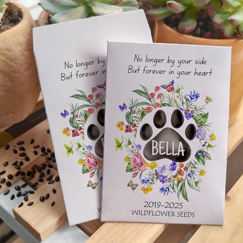 Custom Garden Memorial Gift Box - Celebration of Life Funeral Favors for Guests - Cat Dog Lover Memorial Seed Favors - Prefilled Seed Packets - Ready to Give - Pack of 50