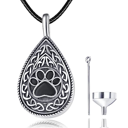 Dreamboat Pet Urn Necklace for Dog Cat Ashes 925 Sterling Silver Paw Print Cremation Keepsake Pendant Celtic Knot Memorial Jewelry Gifts for Women Men - style: 04A-Teardrop (Silver)
