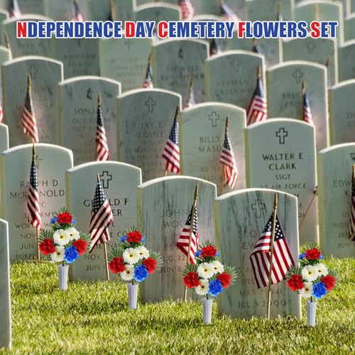 6 Sets Patriotic Memorial Bouquet with Vase Cemetery Flowers for Grave Red Blue Peony and White Mum Thank You Veterans Artificial Flowers 4th of July Funeral Headstones Bouquet Grave Decoration