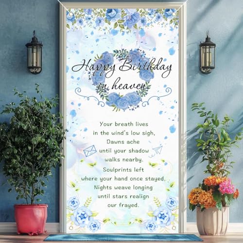Happy Birthday in Heaven Door Banner Funeral Remembrance Decoration Funeral Memorial Flags for Cemetery Happy Heaven Birthday Door Banner 35.4x70.8 inch (blue)
