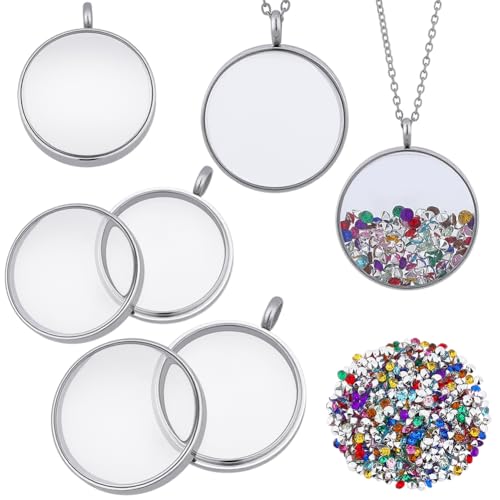 1 Box 2 Sizes Stainless Steel Locket Pendants Sterling Silver Floating Lockets with Chain 500Pcs Rhinestone Round Glass Polished Living Memory Picture Pendant Necklaces for Women Nostalgic - style: 29&34mm silver