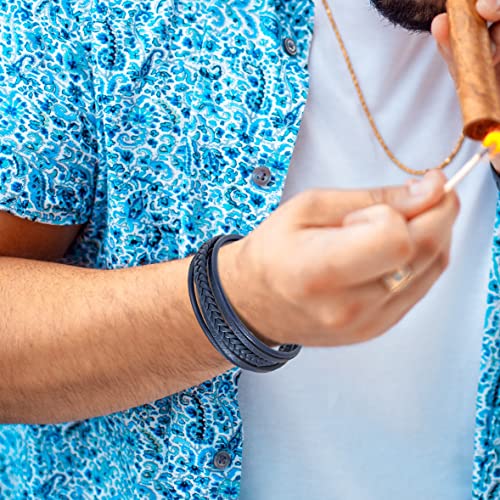 Mens Leather Bracelet with Clasp Cowhide Multi-Layer Braided Leather Mens Bracelet - style: Dark Blue&Black Clasp 8.5