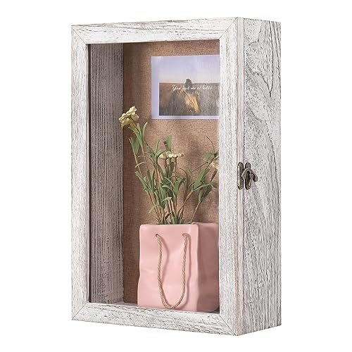 11 x 17 Extra Deep Shadow Box, 5-Inch Exterior Depth, Distressed White | Solid wood, 4-inch deep interior, hinged door, metal latch; for bouquets, photos, tickets, pet keepsakes and wedding mementos - color: Distressed White