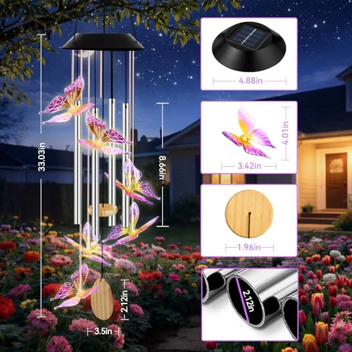 Solar Wind Chimes for Outside Color Changing Light, Purple Butterfly - color: Purple Butterfly