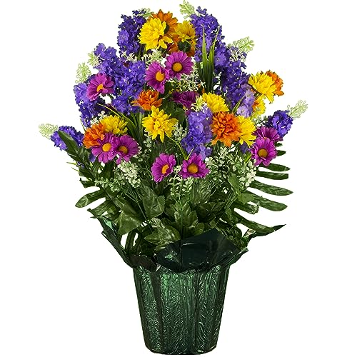 Sympathy Silks Artificial Flowers - Weighted Pot Bouquet Decoration - Outdoor Yard or Porch Décor - Graveside Flowers - Purple Violet Orange Wildflowers in Pot - color: Purple Violet, size: Flowers in Pot