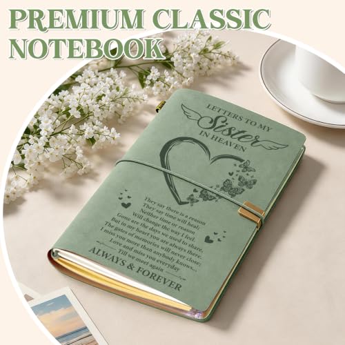 Vetbuosa Memorial Gifts for Loss of Sister, Letters to Sister in Heaven Leather Journal, Sympathy Remembrance Bereavement Condolence Gifts for Loss of Sister, A6 Green Journal with 140 Pages - color: Green-Sister