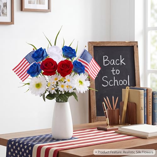 Sggvecsy 2 Pcs Patriotic Artificial Flowers Memorial Bouquet Fake Red Blue Cemetery Flowers with American Flags Roses Daisy for Grave 4th of July Memorial Day Independence Day Veterans Decoration
