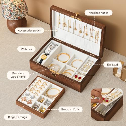 Black Walnut Wooden Lockable Jewelry Box, 2 Layer Large Organizer for Women - color: 2 Layer Large Lockable