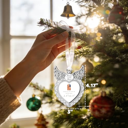 Angel Wing Heart Hanging Picture Frame 2.5x2.5 Memorial Metal Photo Ornament “Always in My Heart” Keepsake (Silver)