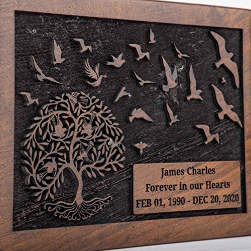 Personalized Urn for Human Ashes, Engraved Tree and Birds, Large | Hand-carved solid sheesham rosewood, screw-locked sliding base, engraving available, holds up to 180 lb - color: Engraved Tree With Birds, size: Large (180 lb)
