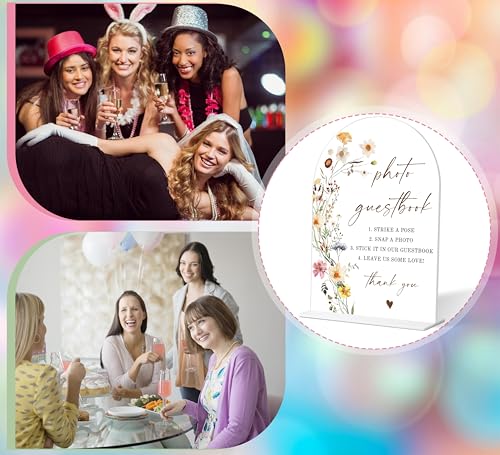 Photo Guest Book Sign, Wedding Guest Book Alternative, Flower Style Bridal Shower Signs for Engagement, Bridal Shower and Reception, Wedding Shower Favors, 6X8 Inch Acrylic Arch Sign with Stand,12 - color: Photo Guest,12