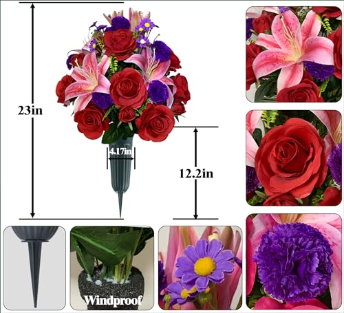 Artificial Cemetery Flowers with Vase, Artificial Rose Lily Carnation Bouquet, Graveyard Memorial Flowers for Cemetery Headstones Decoration