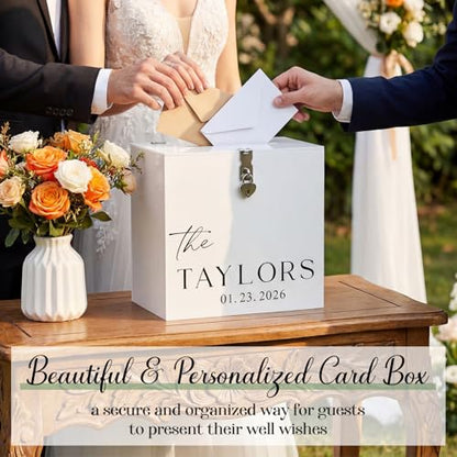 Novabright 10 Inches Wedding Acrylic Card Box with Slot Lock and Last Name Transfers Money Box for Bridal Shower Wedding, Baby Shower Birthday Party, No Assembly Needed(White,Classic Style) - color: White, style: Classic Style