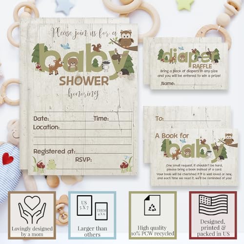 Baby Shower Invites Gender Neutral – Woodland Animal Invitation Bundle with Diaper Raffle Tickets, Book Request Cards & Envelopes. Set of 20 5X7 Woodland Creatures Boy or Girl Invitation Kit Sets - style: Woodland Animal
