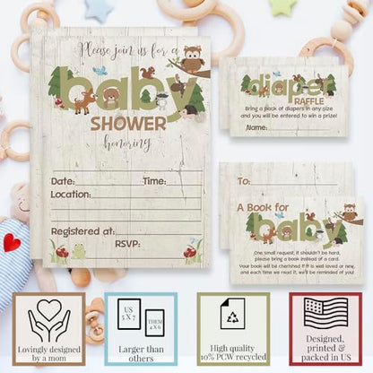Baby Shower Invites Gender Neutral – Woodland Animal Invitation Bundle with Diaper Raffle Tickets, Book Request Cards & Envelopes. Set of 20 5X7 Woodland Creatures Boy or Girl Invitation Kit Sets - style: Woodland Animal