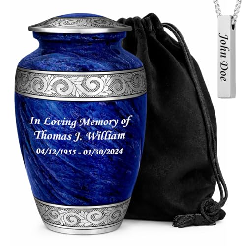Eternal Blue Set of 2 Custom Engraved Urn for Human Ashes – Adult Male Large Urn with 1 Memorial Necklace - color: Eternal Blue Custom Single Urn