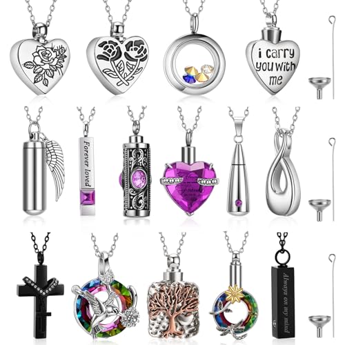 15 Pcs Urn Necklace for Ashes Women Keepsake Cremation Jewelry Stainless Steel Cross Heart Cubic Locket Ashes Necklace for Human Loved One - color: Purple