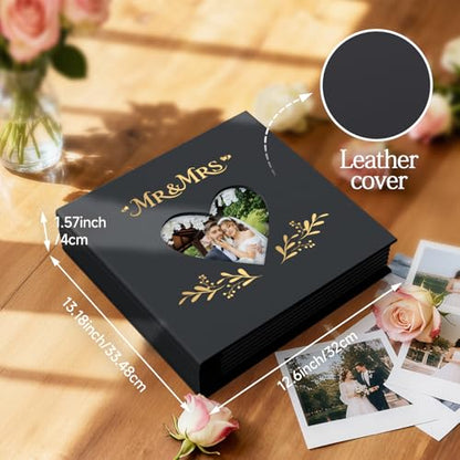 Wedding Photo Album 4x6 400 Pockets, Black Leather Memory Book Gift - color: Black Leather with Black Pages