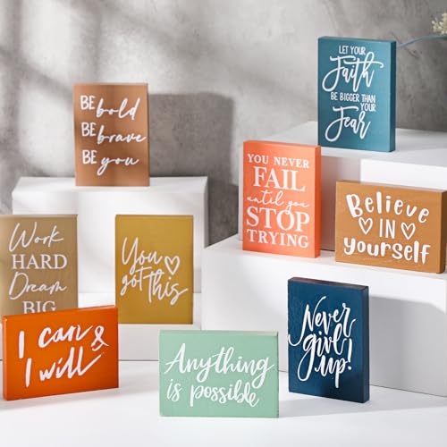 Rossesay 9 Pcs Mini Inspirational Wooden Signs for Desk Table, Vivid Colors - color: Vivid Colors