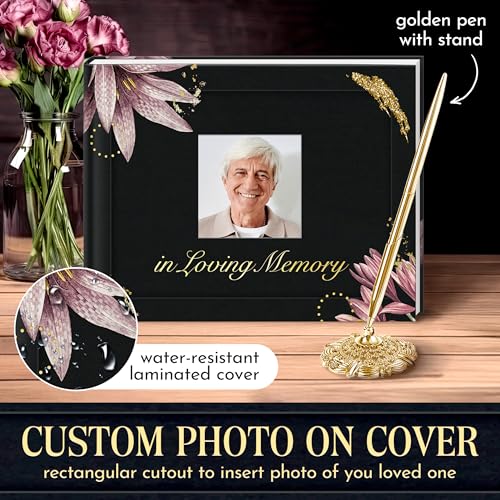 Hardcover Funeral Guest Book with Photo Slot – 9x7 Inch Memorial Sign-In Book, In Loving Memory Keepsake with Gold Stamping, 96 Pages, Ribbon Bookmark & Pen – Elegant Tribute for Celebration of Life